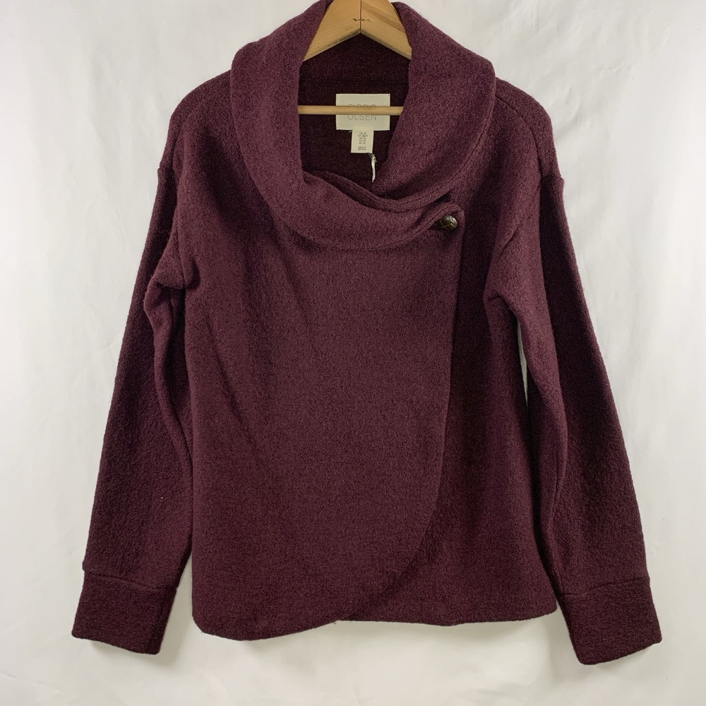 Womens Wool Blend Asymmetric Wrap Jacket Size XS Plum Lagenlook Boho Cowl Neck